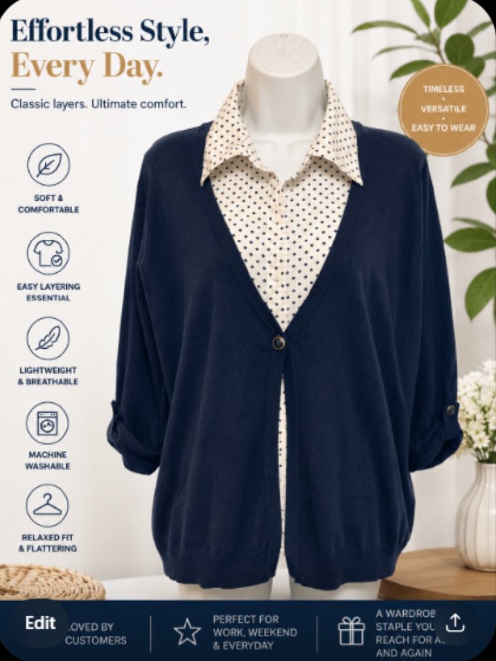 Kim Rogers XL Double Layer Polka dot/solid 3/4 Roll Tab Sleeve Collared Top. NWT